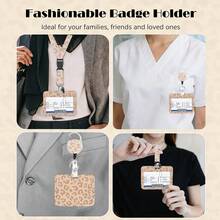 1 Set Retractable ID Badge Holder With Detachable Lanyard, Heavy Duty Badge Reel, Removable Keychain, Cruise Card Holder, Horizontal Card Protector Suitable For Nurses, Doctors, Teachers, Women, Men, Office Supplies (Light Brown Leopard Print) - Business Model - View 3