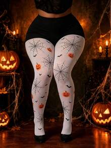 Women Plus Size Halloween Spider Web Pumpkin Bat Print Opaque Tights Pantyhose - Multicolor - View 6