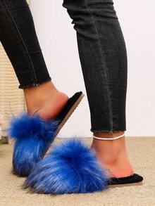 1 Pair Women's Contrast Color Long Plush One-Strap Indoor Comfortable Soft Sole Fuzzy Slippers - Blue - View 5