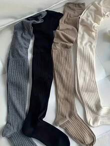 1雙女款過膝襪，寬鬆羅紋高筒襪，柔軟針織長靴襪，純色休閒層搭襪，適合秋冬日常穿著 - 彩色 - 查看 6