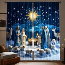 Christmas Theme Curtains (2 Pieces, Polyester Material), Pattern Depicts Religious Nativity Scene (Including Star Of Bethlehem, Sheep, Camel, Snowflake And Deep Blue Night Sky), Single-Sided Print And Rod Pocket Design, Suitable For Living Room, Bedroom And Christmas Party Holiday Home Decor. - E - View 2