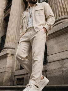 Men's Plus Size Solid Color Dual Pocket Long Sleeve Shirt And Pants Set, Contrast Drawstring Detail, Casual Fashion Minimalist Ramadan Commute Streetwear Summer New 2 Pieces Outfit - Apricot - View 5