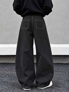 Men's Daily Wide Leg Pants, Geometric Stitch Design, Loose Fit, Autumn/Winter Sports Casual Streetwear - Black - View 4
