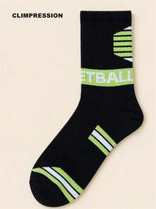 CLIMPRESSION Calcetines de media caña de algodón puro con rayas y letras para hombres, calcetines deportivos para correr, calcetines de entrenamiento con bloques de color, adecuados para gimnasio, baloncesto, ejercicio diario - Negro - Ver 3