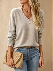 Casual Women's Oatmeal Color Knit Long Sleeve V-Neck Ribbed Pullover Sweater, Suitable For Autumn/Winter Commute And Daily Wear - Khaki - View 4