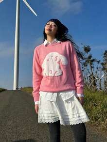 New Fashion Pink Sweet Style Cartoon Pattern Women's Loose Casual Sweater - Pink - View 2