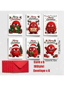 6Pcs Christmas Greeting Cards With 6 Envelopes, Cute Red Fluffy Monster Xmas Note Cards, Merry Christmas Holiday Cards For Family Friends Gift Greeting - Multicolor - View 4
