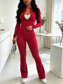 Setelan 2 Potong Wanita Terlaris Musim Semi/Gugur, Jaket Resleting Slim Fit Warna Polos & Celana Panjang, Kain Poliester Ringan untuk Kebugaran dan Yoga - Merah 59 - View 5