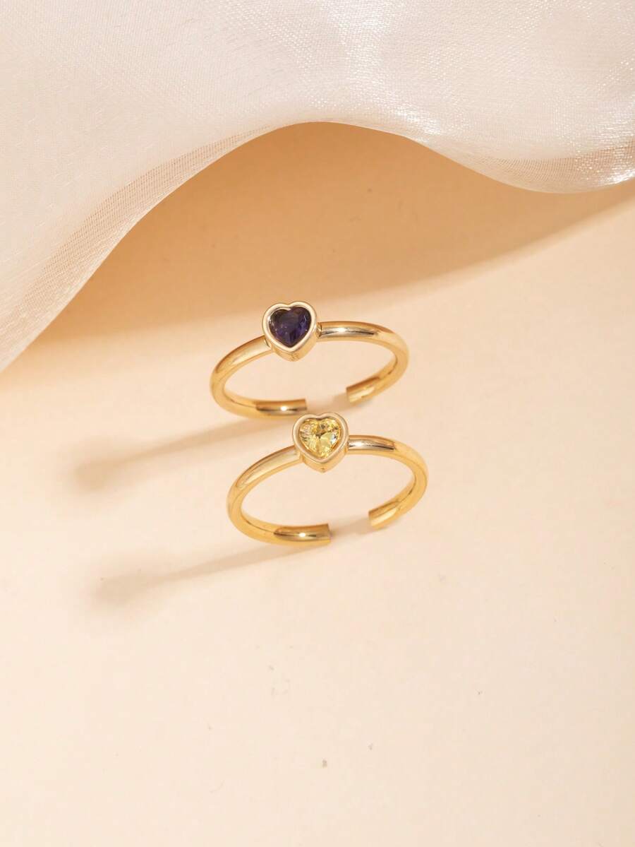 2pcs Stainless Steel Fashion Vintage Gold-Tone Open Ring Set, Inlaid With Pink And Blue Rhinestones, Suitable For Women's Daily Wear Or Gift Giving - Yellow Gold - View 1
