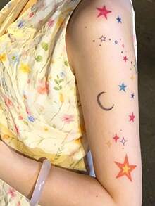 1 Sheet Colorful Star & Crescent Moon Temporary Tattoo Stickers, Hand Drawn Multi-Color Stars With Tiny Dots Fake Tattoos, Waterproof Dreamy Body Art For Upper Arm Forearm - Multicolor - View 5