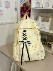 Dot Bow Print Backpack For Girls, Lace-Up Front Ribbon Decor Multi-Pocket Lightweight Casual Daypack School Rucksack Daily Use - Multicolor - View 5
