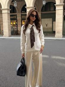 Women's Vintage White Lapel Ribbed Knit Cardigan With Cuffed Design, Mid-Stretch Autumn Fashion Jacket - Apricot - View 2