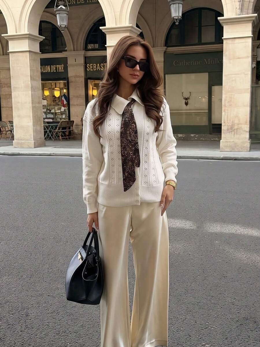 女款復古白色翻領羅紋針織開襟衫,袖口設計,中彈力秋季時尚外套 - 杏色 - 查看 1