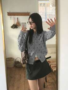 Women's Grey Star Print Cardigan Long Sleeve Round Neck Button Front Sweater Winter Fashion High Elasticity Ribbed Knit Hem Top - Grey - View 5