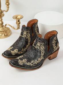 Women's Vintage Embroidered Western Cowboy Ankle Boots, Hollow Pointed Toe Chunky Heel Retro Country Style Ankle Boots, Plus Size Available - Black - View 7