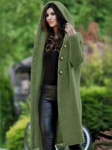 Women's Solid Color Drop Shoulder Long Sleeve Single-Breasted Casual Hooded Knit Cardigan - Green - View 2