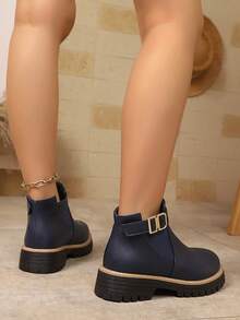 Women's Casual British Style Ankle Boots, Spring/Autumn Leather Belt Buckle Boots - Navy Blue - View 3