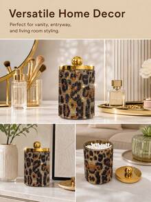 Luxury Leopard Print Acrylic Bathroom Storage Canister, Gold Lid Transparent Storage Box With Bamboo Base, Vanity Organizer - Multicolor - View 5