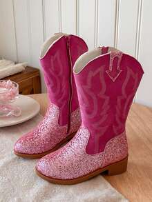 1 Pair Girls' Western Boots With Buckle Decor, Suede PU Material, Toe-Split Mid-Calf Flat Sole, Personalized Style, Suitable For Summer/Spring/Autumn Travel/Street Wear - Hot Pink - View 2