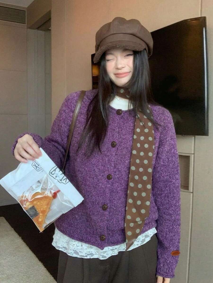 Solid Color Round Neck Cuffed Single-Breasted Knit Cardigan, Casual Commute Lazy Style Sweater Jacket - Purple - View 1