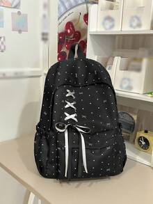 Dot Bow Print Backpack For Girls, Lace-Up Front Ribbon Decor Multi-Pocket Lightweight Casual Daypack School Rucksack Daily Use - Multicolor - View 6