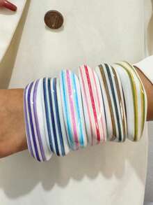 1pc/Vintage Retro Style Resin Rainbow Horizontal Striped Wide Bracelet, Suitable For Women's Daily Commute, Dopamine Outfit Jewelry Gift - Multicolor - View 2
