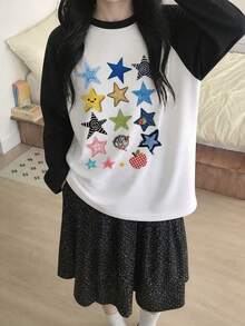 Y2K Sweet & Cool Style 1pc Women's Contrast Color Raglan Sleeve Colorful Cartoon Star Print Pattern Casual Versatile Loose Slimming Daily Street Date Long Sleeve T-Shirt Top - White - View 6