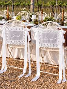 1 Set Bride & Groom/Wedding Chair Back Decor, Elegant Lace Chair Back Decoration With White Satin Ribbon, Romantic Outdoor Ceremony Reception Chair Cover, Country Garden Wedding Bride Table Decor, Wedding Party/Sweetheart Table Party Decoration, Aesthetic - View 12