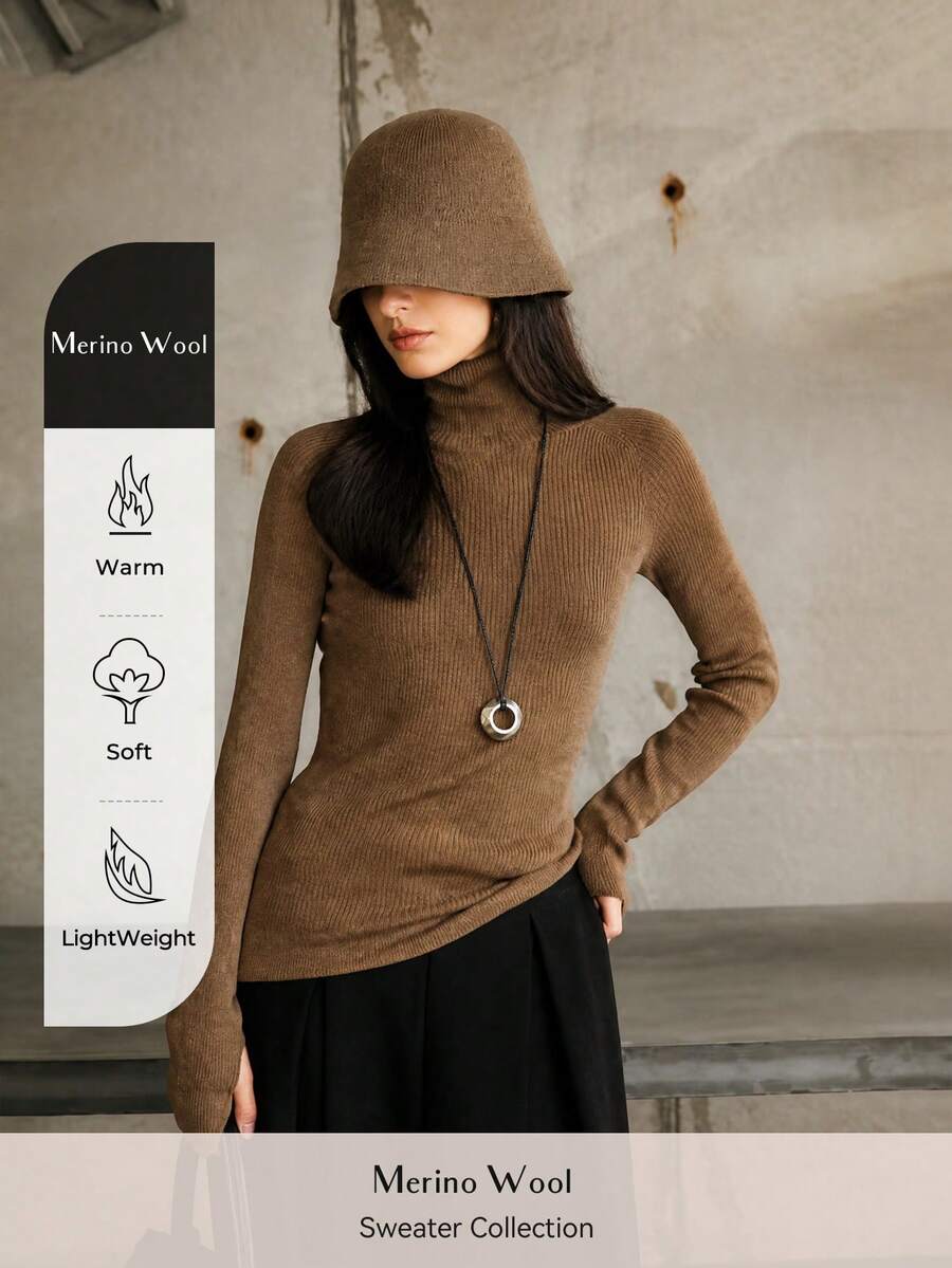 Women's Merino Wool Sweater Premium Wool Blend Fall Winter Sweater 2026 Turtleneck Long Sleeve First-Line Ready To Wear Seamless Knit Sweater Pullover - Brown - View 1