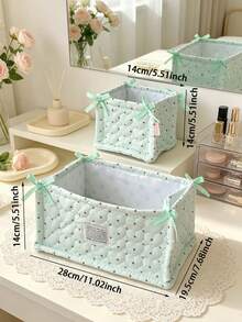 Strawberry Print Quilted Storage Basket, Bow Decor Foldable Fabric Storage Bin, Polka Dot Desktop Organizer, Home Vanity Clutter Storage Box - Multicolor - View 10