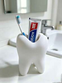 1pc Bathroom Tooth-Shaped Toothbrush Holder Creative Tooth-Shaped Pen Holder/Makeup Brush Storage - White - View 1