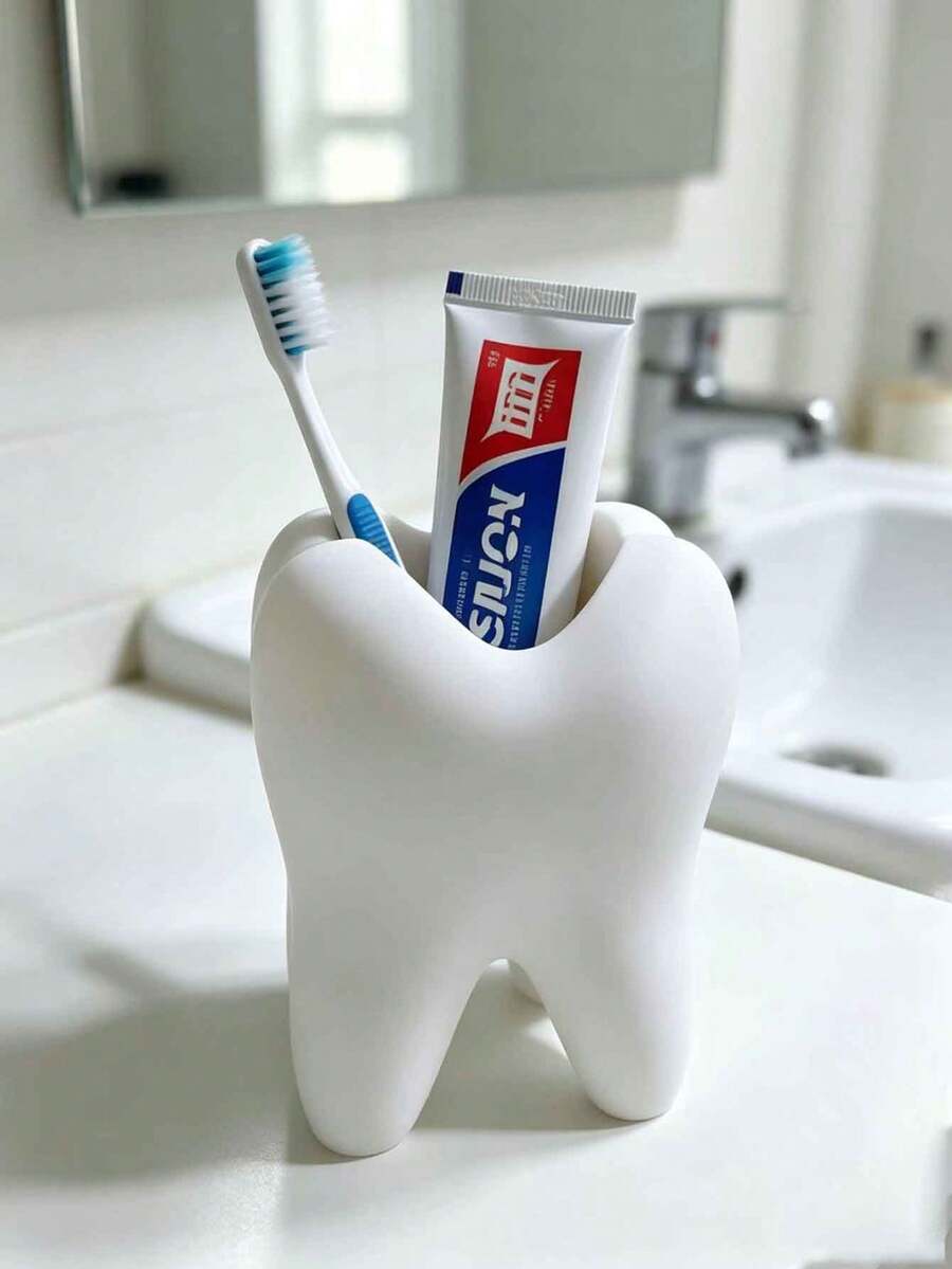 1pc Bathroom Tooth-Shaped Toothbrush Holder Creative Tooth-Shaped Pen Holder/Makeup Brush Storage - White - View 1