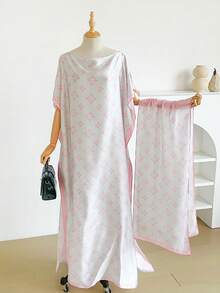 1 Set Faux Silk Minimalist Premium Geometric Floral Print Long Robe Set For Women, Beach Cover-Up Sun Protection Pullover Shawl With Satin Scarf, Perfect For Layering And Daily Wear - Multicolor - View 4