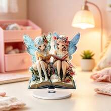 2D Flat Acrylic Fairy Desktop Ornament, Double Fairies With Butterfly Wings Reading, Waterproof Acrylic Decor, Fantasy Home Decor And Gift - A - View 5