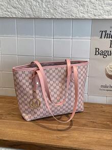 X.Y. Bags 女款粉色字母印花托特包，附金色環吊飾，雙手柄，復古手提包，適合日常通勤與購物 - 粉色 - 查看 5