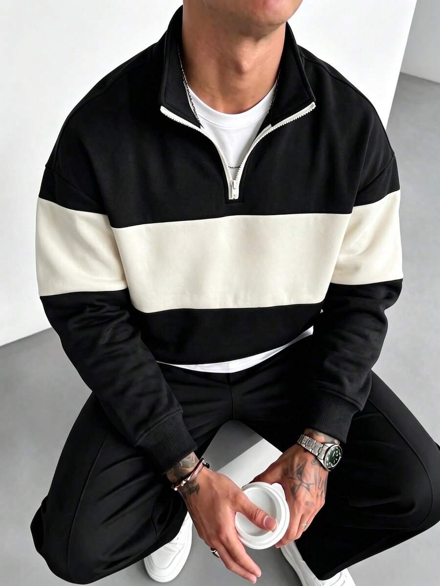 Men's Autumn/Winter Fashion Classic Patchwork Zip-Up Sweatshirt, Outdoor Casual Everyday Wear