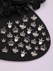 10Pcs 3D Crown Nail Charms, Silver Alloy Rhinestone Crown Nail Art Decorations, Crystal Heart Crown Nail Jewels For DIY Manicure - Multicolor - View 4