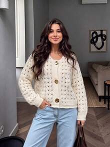 Fashion Women's Hollow Knit Cardigan Jacket With Pockets And Buttons, Suitable For Coffee Date, Autumn/Winter, Christmas, New Year - Apricot - View 5