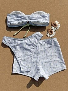 Women's Classy Blue Floral Bandeau Swim Set. Perfect For Spring And Summer Seaside Trips, It Is An Ideal Pick For Holiday Beach Wear. - Multicolor - View 6