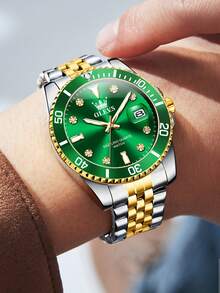 OLEVS Men Quartz Watch Luxury Two-Tone Stainless Steel Luminous Waterproof Rotating Bezel Date Display Rhinestone Business Casual Sport Diver Gift - Green - View 5