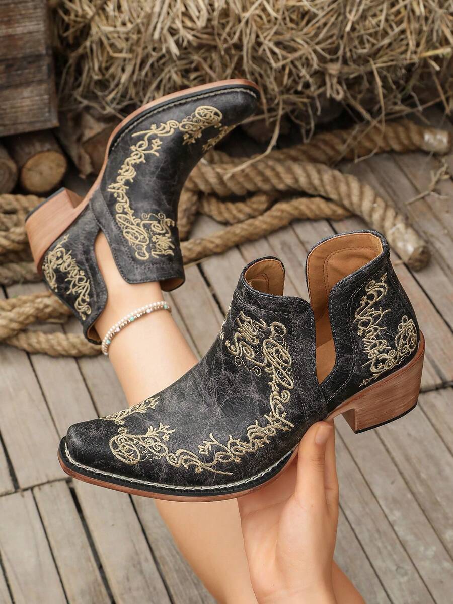 Women's Vintage Embroidered Western Cowboy Ankle Boots, Hollow Pointed Toe Chunky Heel Retro Country Style Ankle Boots, Plus Size Available - Black - View 1