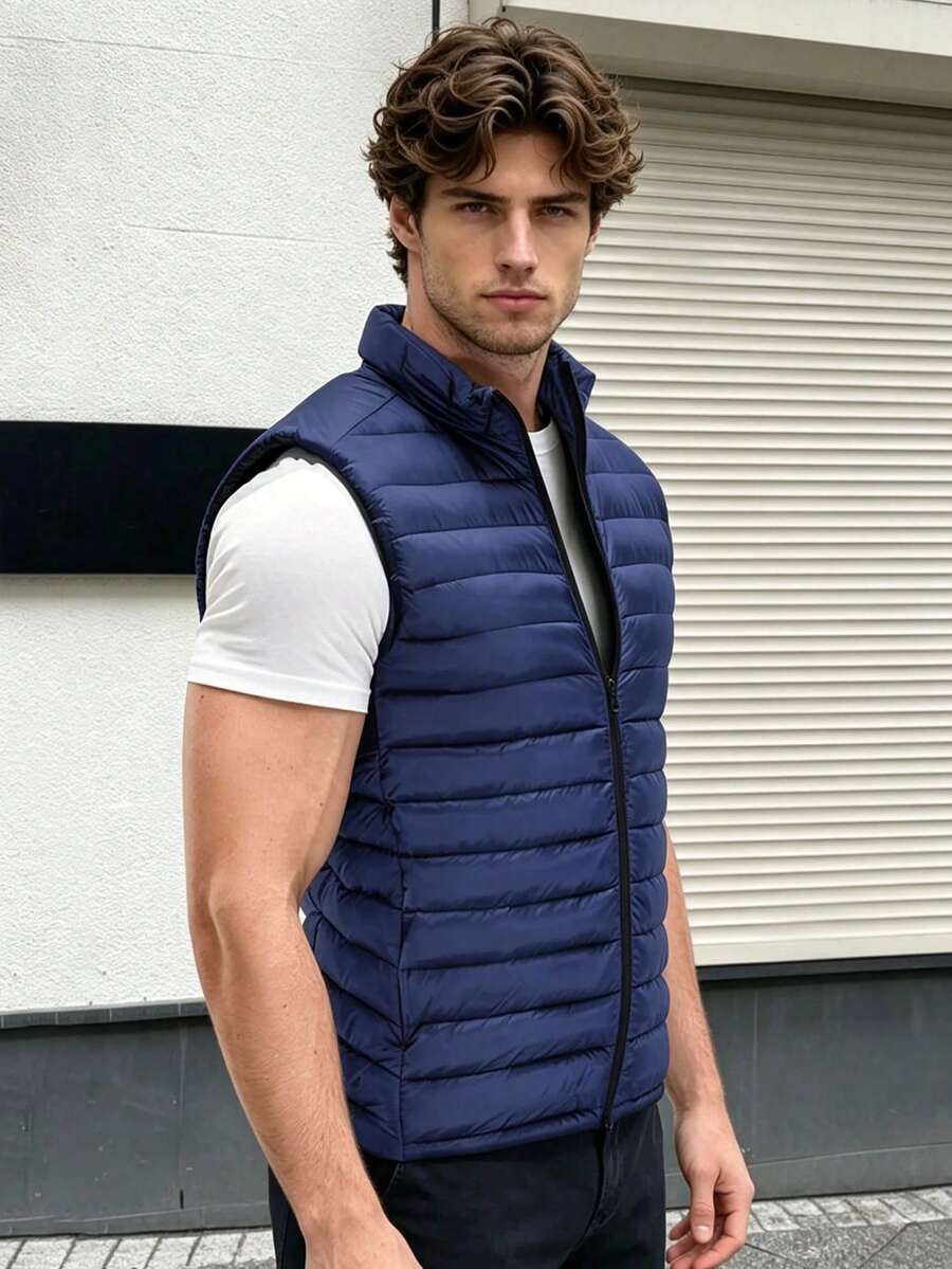 Men's Outdoor Cotton Padded Vest Jacket, Casual Korean Style Winter , Fall - Navy Blue - View 1