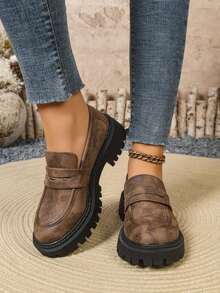 1 Pair Fashionable Retro Women's Slip-On Loafers, Thick Platform Height-Increasing Non-Slip Sole, Matte Distressed Texture Premium Look, Versatile British Academy Style, Slimming Casual Match With Jeans And Skirts - Coffee Brown - View 6