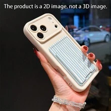 2pcs Set: Beige Self-Adhesive Card Holder Phone Case Slot Card Holder And Light Blue Fine Vertical Striped TPU Shockproof Full Coverage Precise Protection Case Compatible With IPhone 11/12/13/14/15/16/16Pro/16ProMax/17/17pro/17ProMax/18pro 18ProMax - Multicolor - View 5