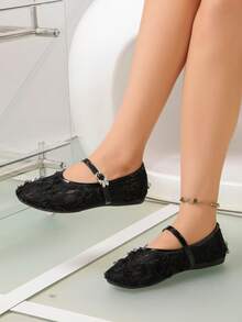Black 3D Floral Lace Mary Jane Flat Shoes,Sheer Mesh Upper,Rhinestone‑Butterfly Buckle,Single Strap,Round Toe,Gentle Women Flat Shoes For Daily - Black - View 2