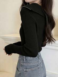 女款休閒修身百搭設計拉鍊半開領長袖針織毛衣上衣 - 黑色 - 查看 10