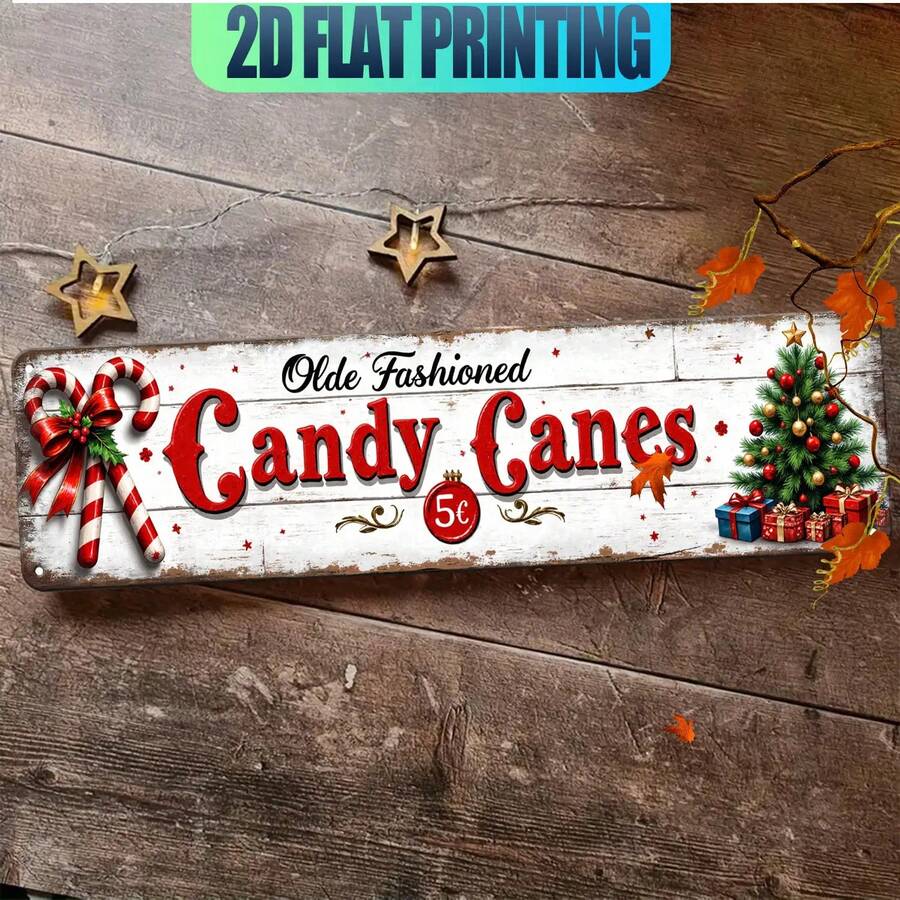 2D Flat, 1pc Vintage Candy Cane Nostalgic Metal Wall Decor Sign, Fashionable Christmas Decoration, Red And White Striped, Candy Cane And Bow Pattern, Durable Holiday Ornament, Suitable For Home, Kitchen, Cafe, Men's Lounge, Etc. (Random Style) - A - View 1