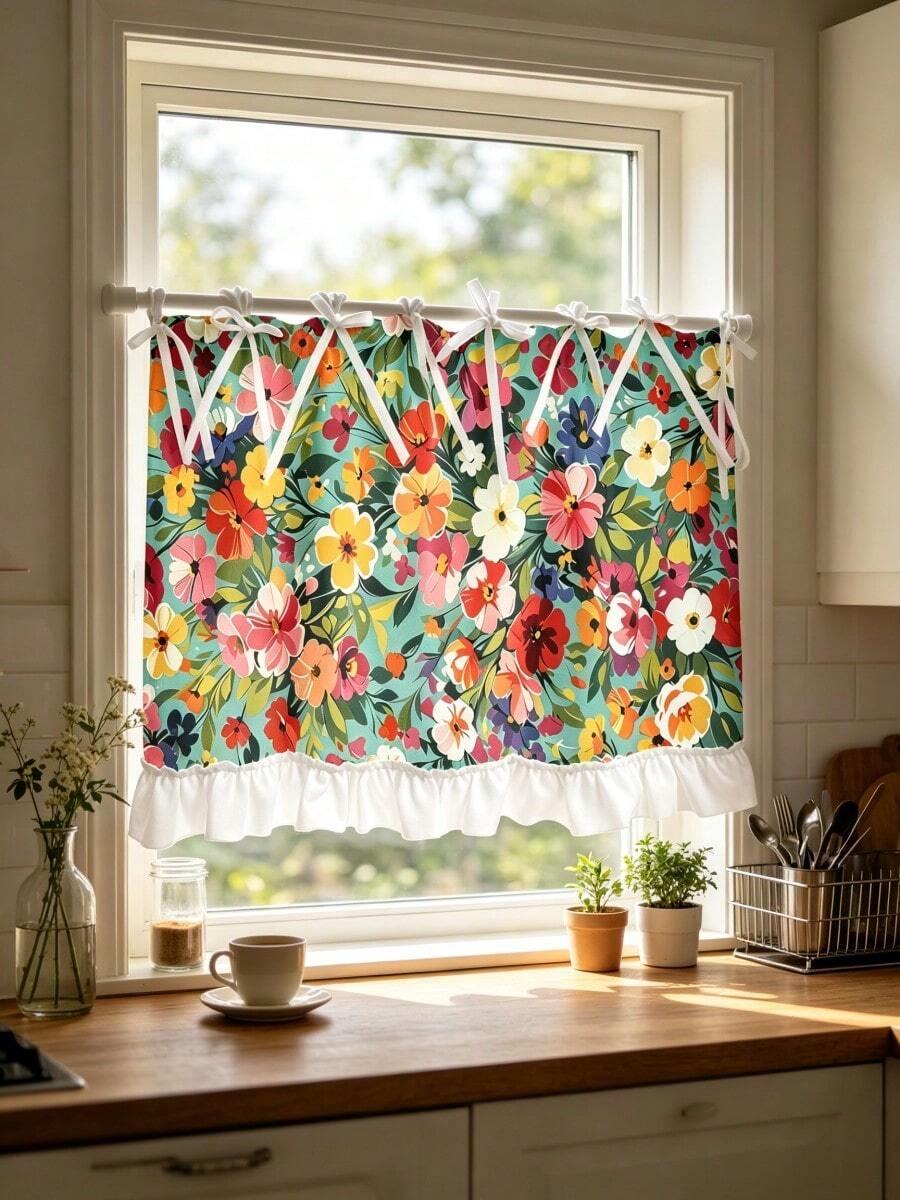 1PC Kitchen Curtain, Floral Pattern Multi-Functional Protective Curtain, Suitable For Stove Hood, Cabinet Protection Board, Appliance Decorative Cover, Country Style And Daily Kitchen Decor, Heat-Resistant Protective Cover For Home Kitchen, Easy To Use - Multicolor - View 1