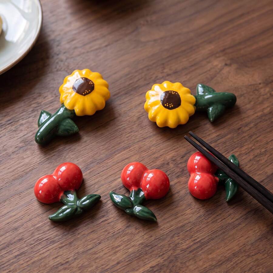 1pc Cute Realistic Sunflower & Cherry Ceramic Chopstick Holder, Mini Chopstick Rest, Home Hotel Restaurant Table Decor Accessory - View 1