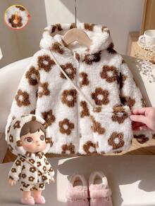 Infant Girls Sweet Cute Floral Print Double-Sided Fleece Long Sleeve Thick Hooded Zipper Jacket With Matching Mini Crossbody Bag, Winter - White - View 2